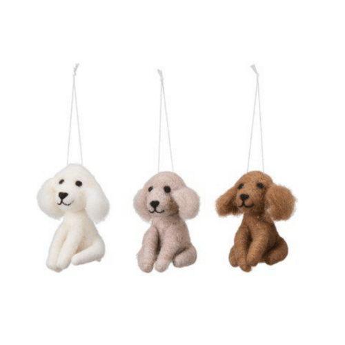 Litet hundhänge i polyester i vitt, beige eller brunt, söt dekorativ hund för påskris eller inredning.