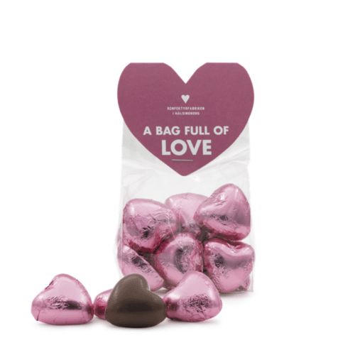 Sockerbageriet Chokladhjärtan. Påse med hjärtformade mjölkchokladhjärtan fyllda med krämig choklad – A Bag Full of Love 100 g