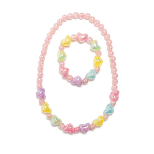 Färgglatt barnhalsband och armband med ljusrosa pärlor och flerfärgade hjärtformade pärlor